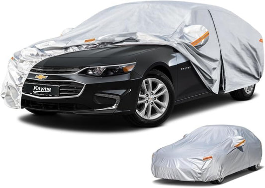 Kayme 6 Layers Car Cover Custom Fit for Chevrolet Chevy Malibu (1997-2025) Waterproof All Weather for Automobiles, Outdoor Full Cover Rain Sun UV Protection.Silver