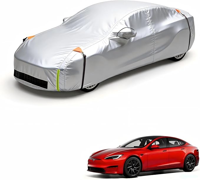 Wigoo Tesla Model S Car Cover Accessories 2012-2026, Custom Fit Waterproof All Weather Outdoor Full Car Cover, Windproof UV Rain Snow Dust Protection, Door Zipper, Charging Port, Ventilated Mesh