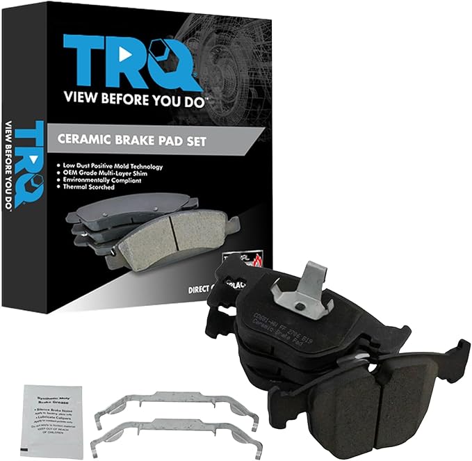 TRQ Front Brake Pads Ceramic Hardware Compatible with 1995-2001 BMW 740iL 1995-2001 740i 1997-2003 540i 2001-2003 530i 2000-2003 M5 2000-2006 X5