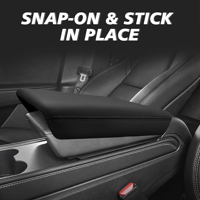 Muslogy Center Console Armrest Cover Fit for Tesla Model Y Juniper 2026+ / Model 3 Highland 2024+ Accessories, Comfort Armrest Pad Console Lid Cushion Vegan Leather Snap-On Black (Hard Cover)