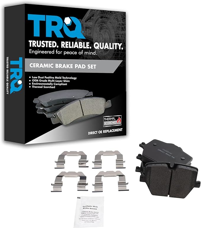 TRQ Rear Ceramic Brake Pad Set Includes Contact Point Grease Compatible with 19-25 BMW 330i 330i xDrive with Blue Painted Calipers 20-25 Toyota GR Supra with Red or Blue Painted Calipers