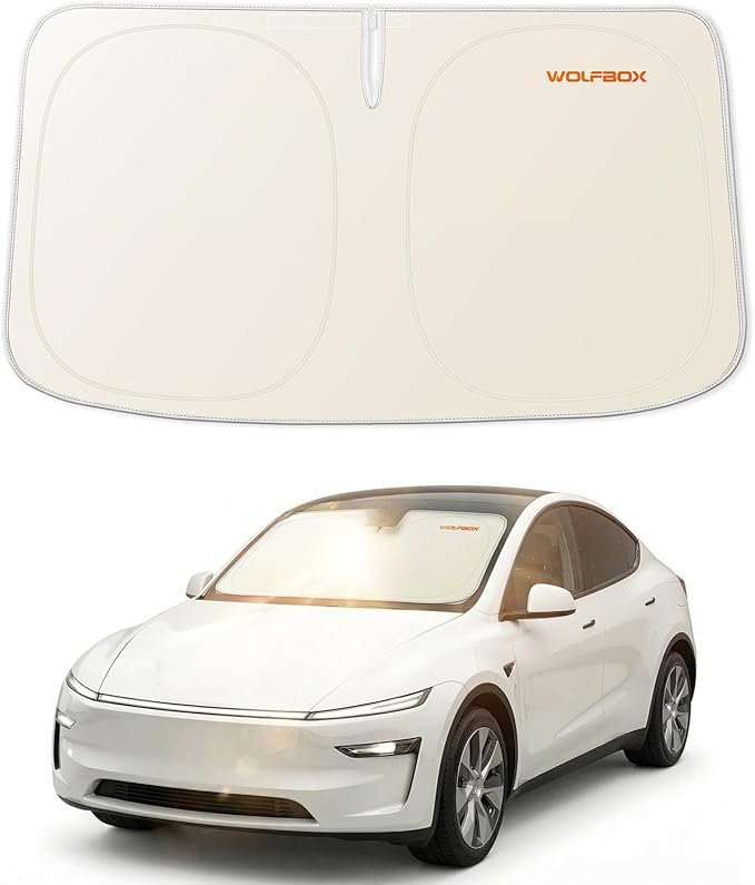 WOLFBOX Foldable Car Windshield Sun Shade Tesla Model Y/Model 3-Advanced Thickened Black Tape Sunshade Cover, Maximum UV Block & Sun Heat Protector Model Y Juniper/Model 3 Highland (56.30''L*37''W)