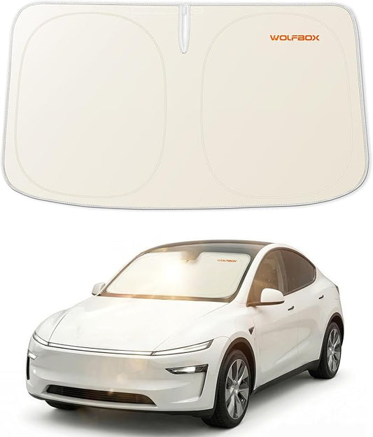 WOLFBOX Foldable Car Windshield Sun Shade Tesla Model Y/Model 3-Advanced Thickened Black Tape Sunshade Cover, Maximum UV Block & Sun Heat Protector Model Y Juniper/Model 3 Highland (56.30''L*37''W)