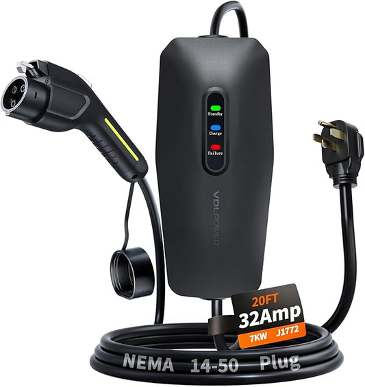 Level 2 EV Charger, 32A/7KW Electric Vehicle Portable Charger with 20FT Cable, Home EV Charging Station, 240V NEMA 14-50 Plug, for All SAE J1772