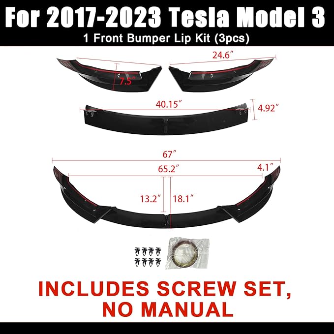 Front Bumper Lip Splitter Spoiler for 2017-2023 Tesla Model 3 Front Lip Air Dam Chin Spoiler Body Kit for Model 3 Accessories (Glossy Black)