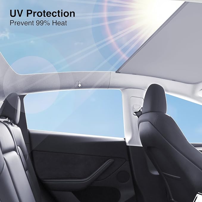 Tesla Model Y Sunshade Roof Nano Ice-Crystal Coatings Blocks of UV Buckle Fixing No-Sag No Gaps Portable Foldable Sunshade for Model Y 2020-2024 Gray Sunshade