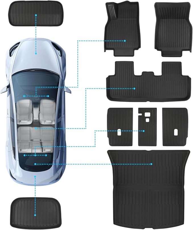 TPE Floor Mats fit for Tesla Model Y Juniper 2025 2026 All Weather TPE Cargo Liner Cargo Trunk Accessories and Cargo Trunk Mats Front Rear Cargo Mat Full Set