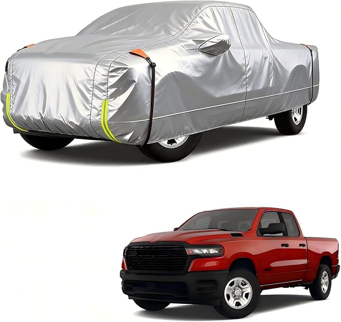 Wigoo Dodge Ram 1500 Truck Car Cover Accessories 2019-2026, Custom Fit Waterproof All Weather Outdoor Full Pickup Cover, Windproof UV Rain Snow Dust Protection, Door Zipper, Reflective Strips