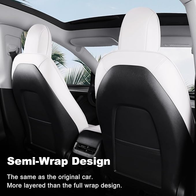 Tesla Model 3 Car Seat Covers Nappa Leather Car Interior Seat Airbag Compatible Cushion Cover Full Set Custom Fit 2023 2022 2021 2020 2019 2018, Nappa White