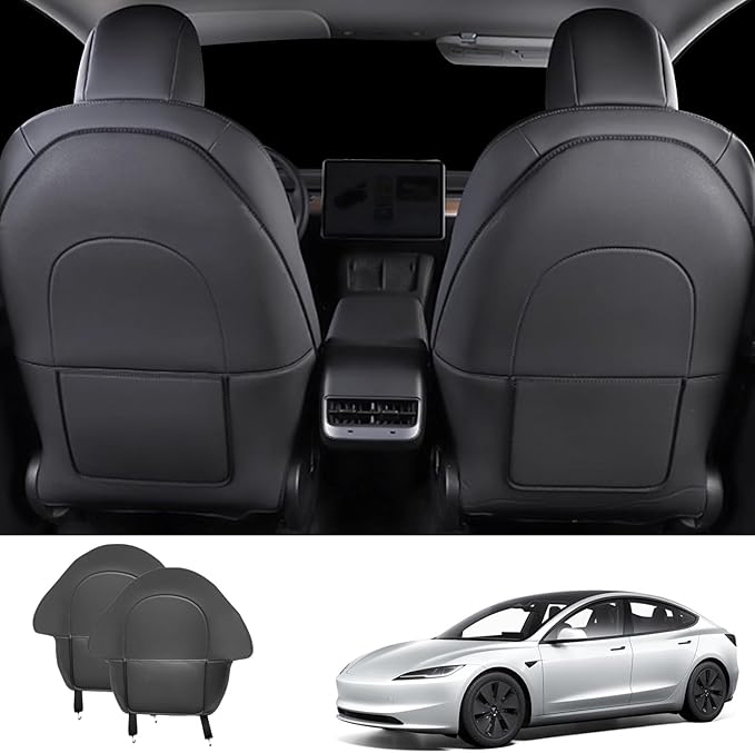 Seat Back Kick Protector for Tesla Model Y Model 3 Model S Model X Leather Backseat Mats for Kids Wear-Resistant Back Seat Cover with Extra Organizer Pocket 2 PCS -Black