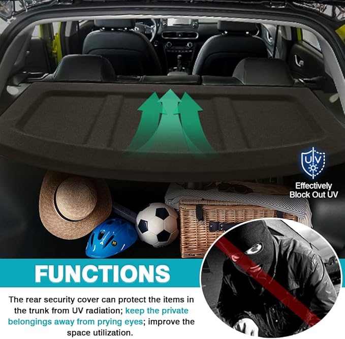 Powerty Cargo Cover for 2018-2023 Hyundai Kona Retractable Trunk Cover Trunk Shielding Shade for Kona Accessories Cargo Luggage Cover No Gap (Can Withstand Load)