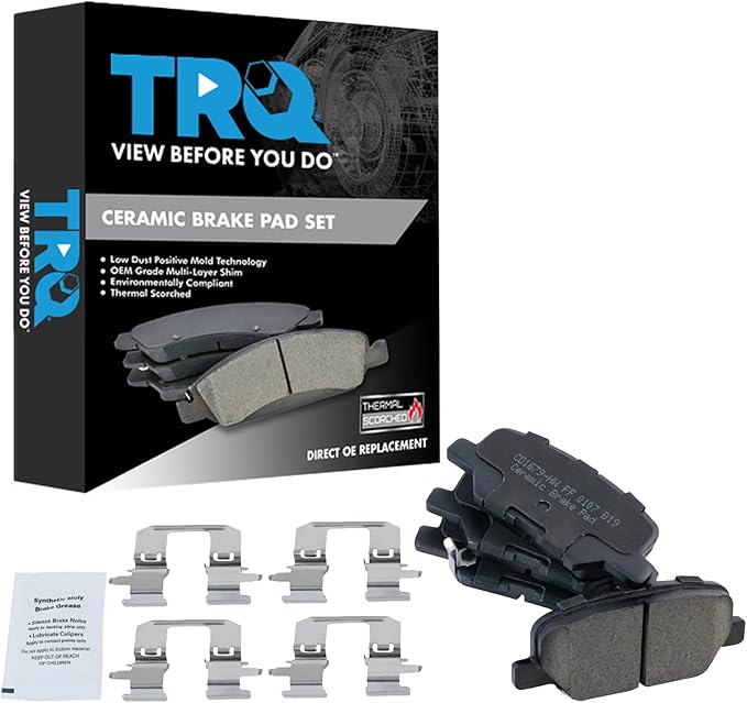 TRQ Rear Brake Pads Ceramic Hardware Wear Sensor Compatible with 2014-2016 Mazda 3 2014-2015 6 2014-2019 Mitsubishi Outlander 2013-2024 Outlander Sport