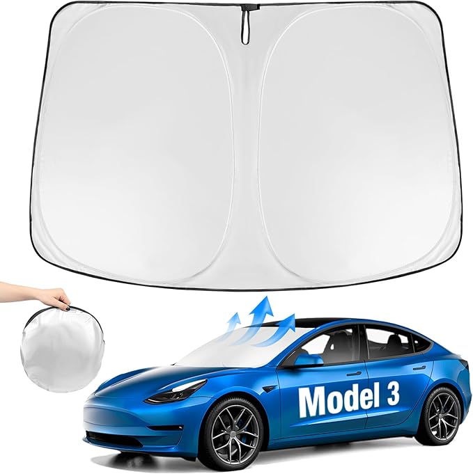 NEVERLAND Windshield Sun Shade - Custom Fit for Tesla Model 3 2017-2023, 210D Oxford Heat Shield Front Window Sunshade Visor, Block 99% UV for Screen Protection & Battery Saver Accessories