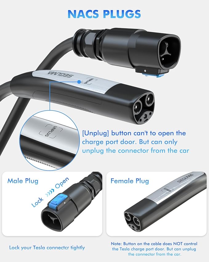 SEGUMA EV Charger Extension Cable for Tesla, Up to 50A 21FT 240V 12KW NACS Extension Cable for Level 1&2 NACS Charger,Tesla Wall Connector, Tesla Extension Cord for Model Y/X/3/S