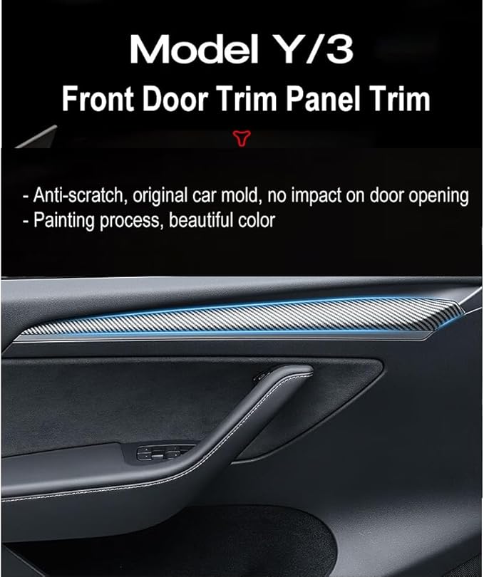 Dashboard Cover Wrap and Front Door Trim Kit -Compatible with Tesla Model Y 2019-2024 & Model 3 2021-2023, Interior Decoration Accessories,Not for Performance (Gloss Carbon Fiber Pattern, 4PCS)
