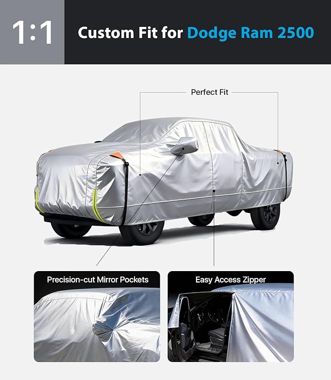 Wigoo Dodge Ram 2500 3500 Truck Car Cover Accessories, Custom Fit Waterproof All Weather Outdoor Pickup Cover, Windproof UV Rain Snow Dust Protection, Door Zipper, Reflective Strips, Breathable Design