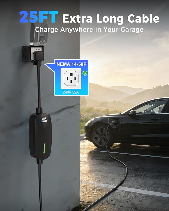 EVDANCE Level 2 EV Charger for Tesla, 32A/7.68kW Fast Home & Portable EV Charging Station with 25FT Cable, NEMA 14-50 Plug, NACS Connector Compatible with All Tesla Models S/3/X/Y/Cybertruck