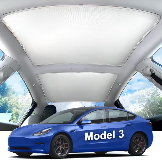 Tesla Model 3（2020-2025） Double-Layer Glass Sunshade Roof Red-Film Crystal Coatings,Easy Install with Clips, Foldable & Storage Bag UV Blocking Tesla Accessories Gray