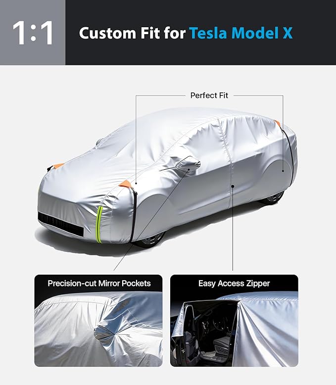 Wigoo Tesla Model X Car Cover Accessories 2015-2026, Custom Fit Waterproof All Weather Outdoor Full Car Cover, Windproof UV Rain Snow Dust Protection, Door Zipper, Charging Port, Ventilated Mesh