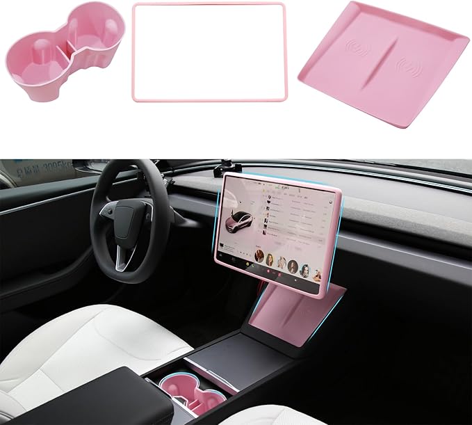 3PCS Center Console Accessories for Tesla New Model Y Juniper 2026 2025 Model 3 Highland 2024 Cup Holder Insert, Screen Edge Protector Frame, Wireless Charger Mat Silicone, Pink
