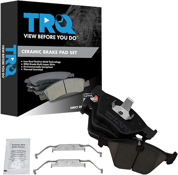 TRQ Front Brake Pads Ceramic Hardware Compatible with 2001-2006 BMW 330Ci 2001-2005 330i 330xi 2004-2010 X3 2006-2008 Z4