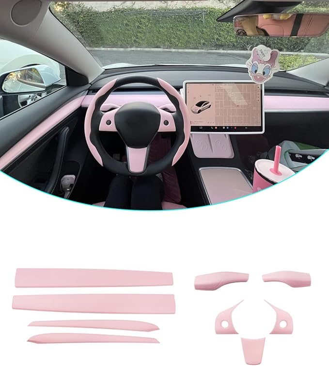 Pink Dashboard Cover and Front Door Cover Compatible with Tesla Model 3（2021-2023） and Model y（2019-2023 (Pink 9 Sets)