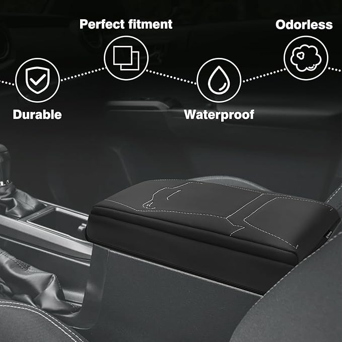 Muslogy Center Console Armrest Cover Fit for Toyota Tacoma 2024 2025 2026 Accessories, Comfort Armrest Pad Console Lid Cushion Vegan Leather 1-Inch Extra Thick(Black/Gray Stitching)
