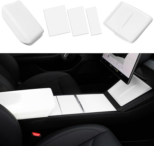2026 Center Console Cover for Tesla Model Y Juniper 2025 & Model 3 Highland Accessories Set White Armrest Cover Wireless Charging Pad Center Console Pad 3 PCS (White)