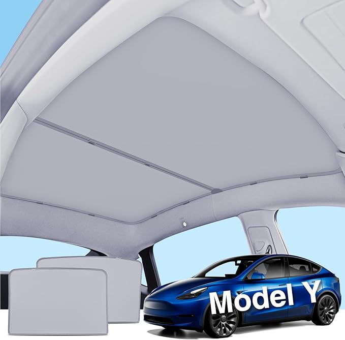 Tesla Model Y Sunshade Roof Nano Ice-Crystal Coatings Blocks of UV Buckle Fixing No-Sag No Gaps Portable Foldable Sunshade for Model Y 2020-2024 Gray Sunshade