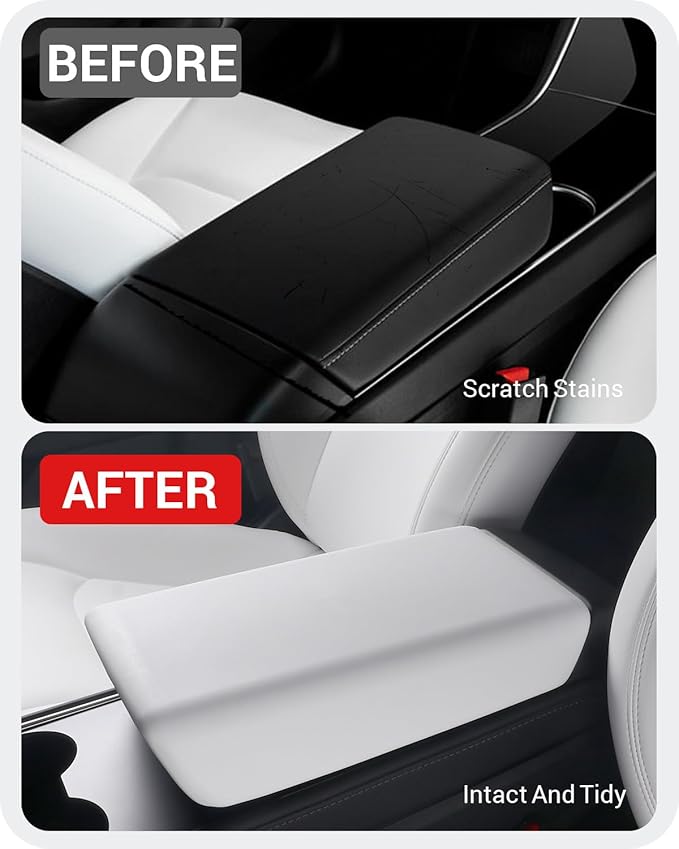 BASENOR Armrest Cover for 2017-2024 Tesla Model Y Model 3 Center Console Cover Non-Slip TPU [No Logo] Protector Armrest Tesla Accessories White (Not Compatible with 2025 2026 Model Y/3)