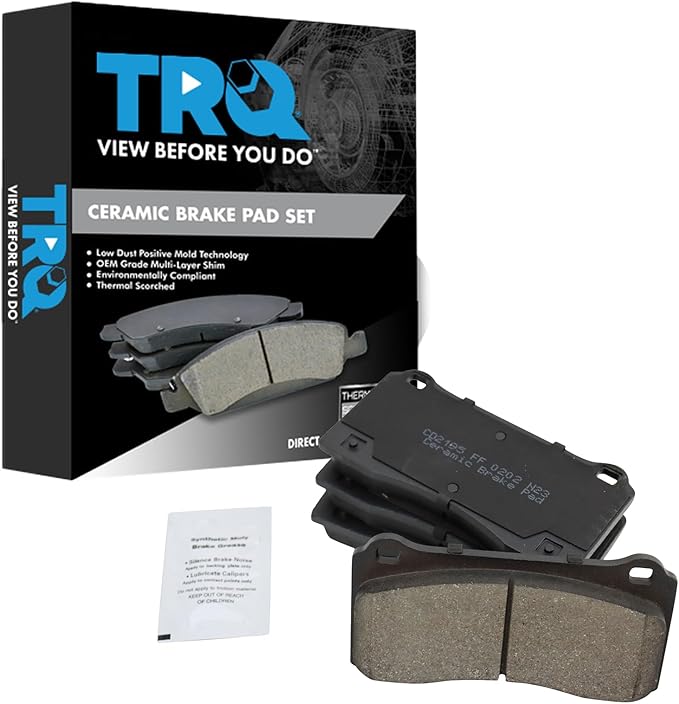TRQ Front Ceramic Brake Pad Set Includes Contact Point Grease Compatible with 2022 Tesla Model 3 Long Range with 320mm Rotors no Performance Brakes 2022 3 Base with 320mm Rotors no Performance Brakes