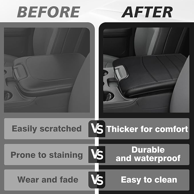 Muslogy Center Console Armrest Cover Fit for Dodge Ram 1500 2013-2018 & 2013-2026 Ram 2500/3500 Accessories, Comfort Armrest Pad Console Lid Cushion Vegan Leather Regular Thick(Jump Seat ONLY)
