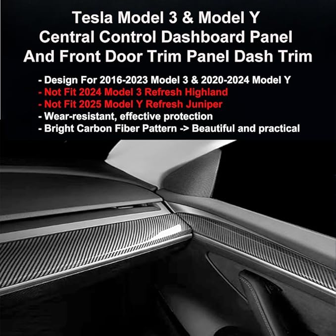 Dashboard Cover Wrap and Front Door Trim Kit -Compatible with Tesla Model Y 2019-2024 & Model 3 2021-2023, Interior Decoration Accessories,Not for Performance (Gloss Carbon Fiber Pattern, 4PCS)