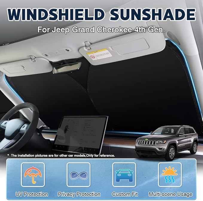 Karltys Front Windshield Sun Shade for 2011-2021 Jeep Grand Cherokee, Window Sunshade Cover Custom Fit Grand Cherokee, Foldable Sun Visor Protector Blocks Heat UV Rays Keep Your Car Cool