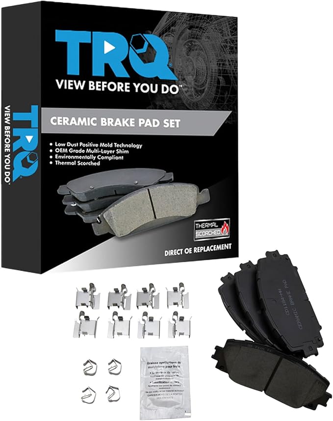 TRQ Front Brake Pads Ceramic Hardware Compatible with 2011-2017 Lexus CT200h 2013 Scion iQ 2010-2021 Toyota Prius 2012-2019 Prius C 2012-2015 Prius Plug-In 2007-2018 Yaris 2020-2021 Corolla
