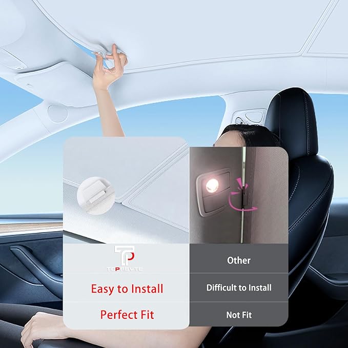 TOPABYTE Sunshade Roof for Tesla Model Y Juniper 2026 2025 Upgrade Ice Crystal Foldable Car Glass Sunroof Shade Sunshades Heat Insulation Cover Roof Window UV Protection, Beige