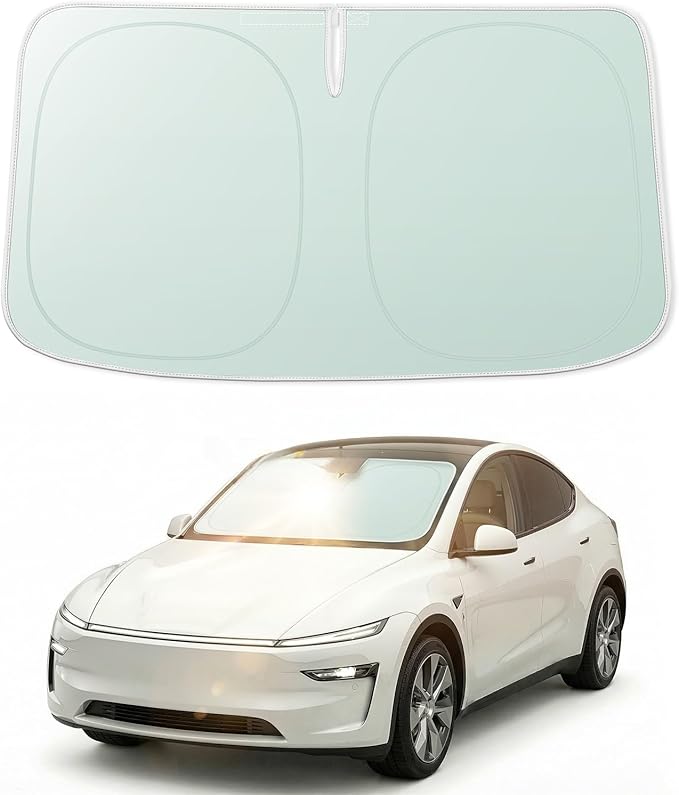 WOLFBOX Double-Layer Car Windshield Sun Shade Tesla Model Y/Model 3-Foldable Vinyl Coated Front Window Sunshade, UV Blackout&Heat Visor Protector Model Y Juniper/Model 3 Highland(56.30''L*37''W)