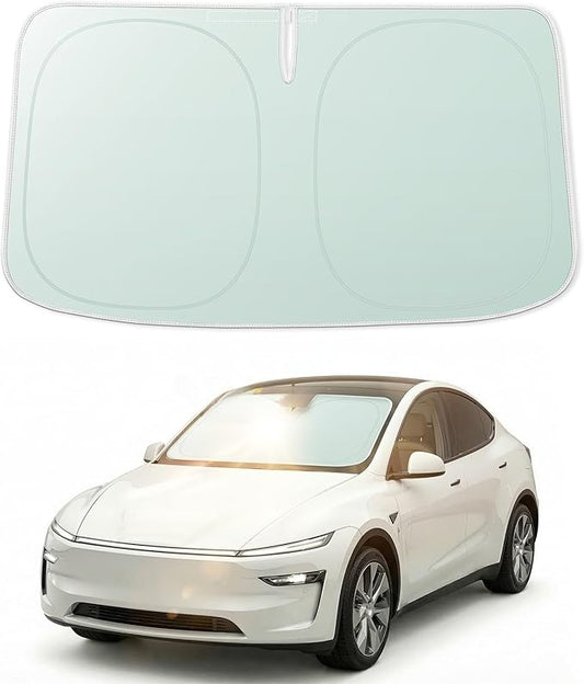 WOLFBOX Double-Layer Car Windshield Sun Shade Tesla Model Y/Model 3-Foldable Vinyl Coated Front Window Sunshade, UV Blackout&Heat Visor Protector Model Y Juniper/Model 3 Highland(56.30''L*37''W)