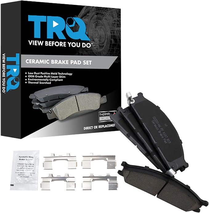TRQ Front Ceramic Brake Pad Set Compatible with 03-04 Nissan Frontier L4 2.4L 98-02 Frontier 96-97 Pickup 4 Wheel Drive 95 Pickup V6 3.0L Rear Wheel Drive 92-97 Subaru SVX