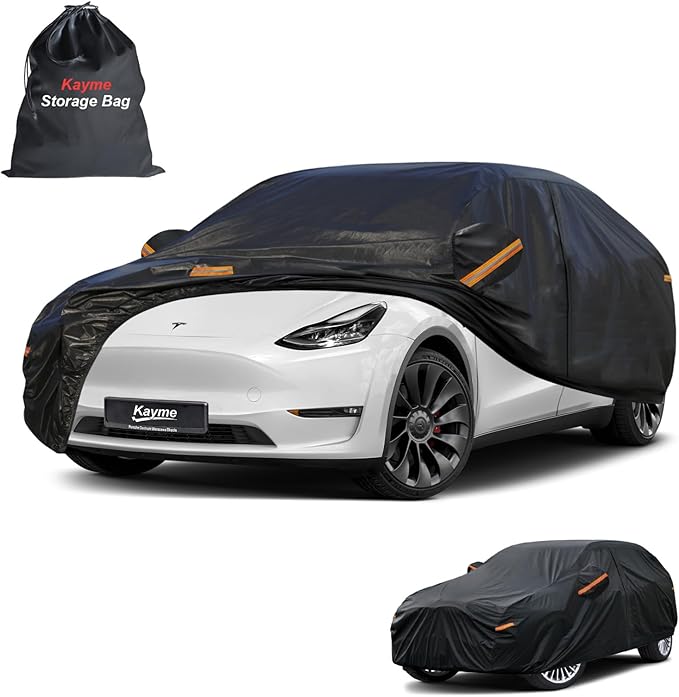 Kayme 7 Layers Car Cover Custom Fit for Tesla Model Y, Waterproof All Weather for Automobiles, Outdoor Full Car Cover Sun Rain UV Snow Protection.with Zipper and Charging Port. Black