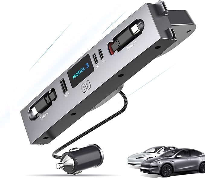 Max 132W Dual Type-C USB Hub, Tesla New Model 3 Highland (2025/2024) Accessories, 5 in 1 Fast Charger for iPhone 16/15 Series, 2-Retractable Cable & 3-Port Docking Station
