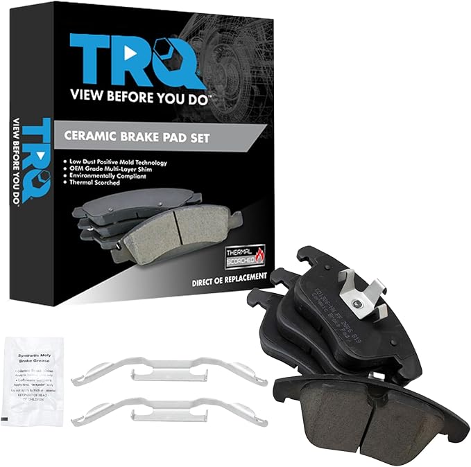 TRQ Front Ceramic Brake Pad Set Compatible with 11-18 Volvo S60 15-18 V60 08-16 XC70 with 300mm Diameter Front Rotors Models