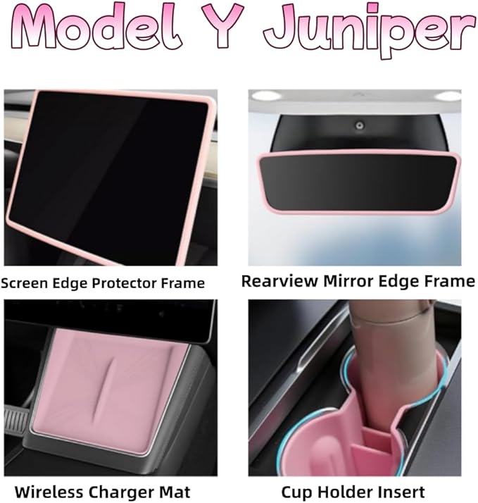 4 PCS Silicone Center Console Accessories Kit for Tesla Model Y Juniper 2025 2026, Including Center Console Mat, Cup Holder Insert, Screen Edge Protector Frame, and Mirror Frame Protectors (Pink)