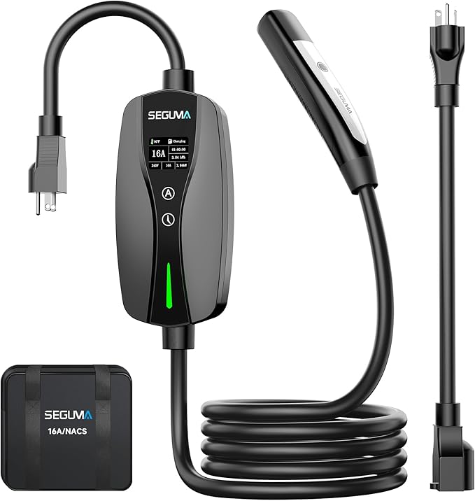 SEGUMA Level 1 & 2 Tesla Portable Charger, Adjustable 6A-16A, 120V-240V Dual Voltage EV Charger with NEMA 5-15 Plug & 6-20 Adapter, 25ft Extension Cable, NACS Charger with Native SAE J3400 (NACS) Port