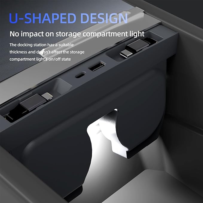 USB Hub for Tesla Model Y Juniper 2025 2026 Model 3 Highland 2024 2025 with Sliding Cover, 119W Multi Ports Fast Charger Waterproof Docking Station with Retractable Cables fit Center Console
