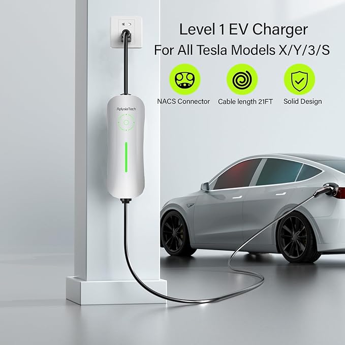 Level 1 EV Charger for Tesla(Only), 15A 110V NACS Connector with 21ft Cable,Nema 5-15 Plug Home Portable Wall Charger for Model Y/3/S/X, Max 1.65KW Power Tesla Charging Station
