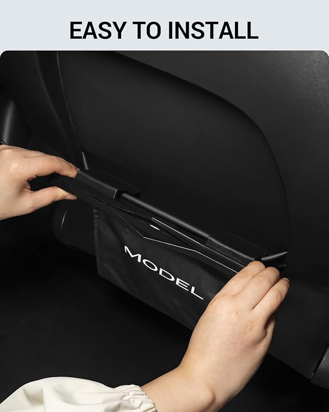 Motrobe Tesla Model 3 Trash Can 2017-2023 Garbage Bag [Magnetic+LED 2-in-1] Waterproof Backseat Hanging Garbage Bin with 2.5 Gallons Faux Leather Model 3 Interior Accessories