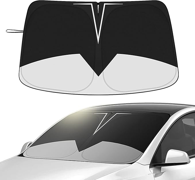 Black Windshield Sunshade for Tesla Model 3 & Model Y, Full-Size Front Sun Visor Blocks UV & Heat, Quick-Fold Car Sun Shade with Storage Bag, Interior Protector Accessories(BW-Model 3-Y)