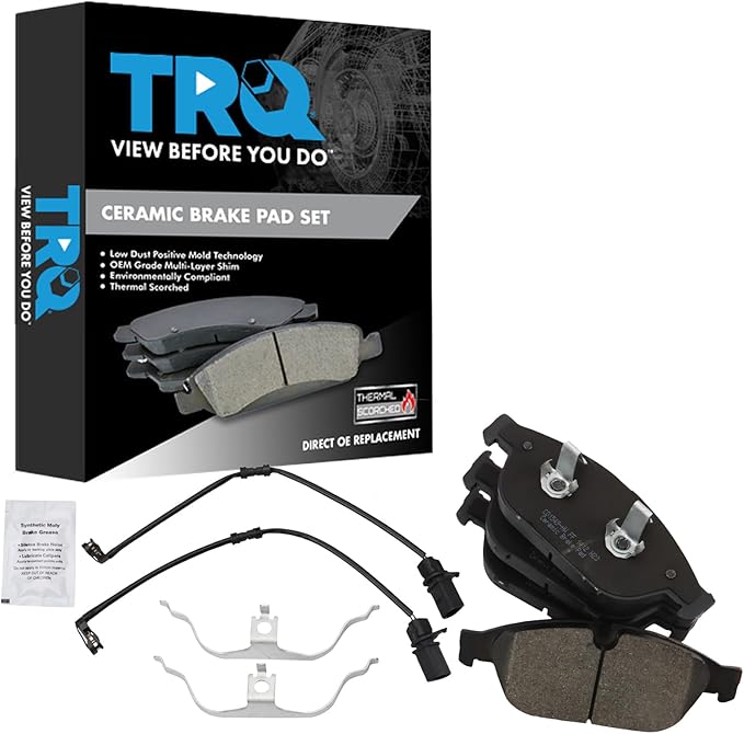 TRQ Front Ceramic Brake Pad Set Includes Contact Point Grease Compatible with 13-18 Audi A8 Quattro with 356mm Diameter Front Rotors