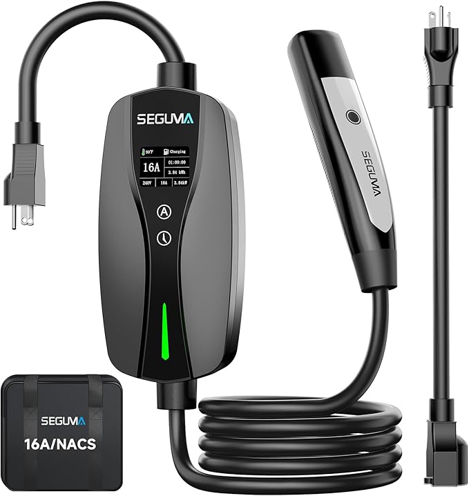 SEGUMA Level 1 & 2 Tesla Portable Charger, Adjustable 6A-16A, 120V-240V Dual Voltage EV Charger with NEMA 5-15 Plug & 6-20 Adapter, 25ft Extension Cable, NACS Charger with Native SAE J3400 (NACS) Port